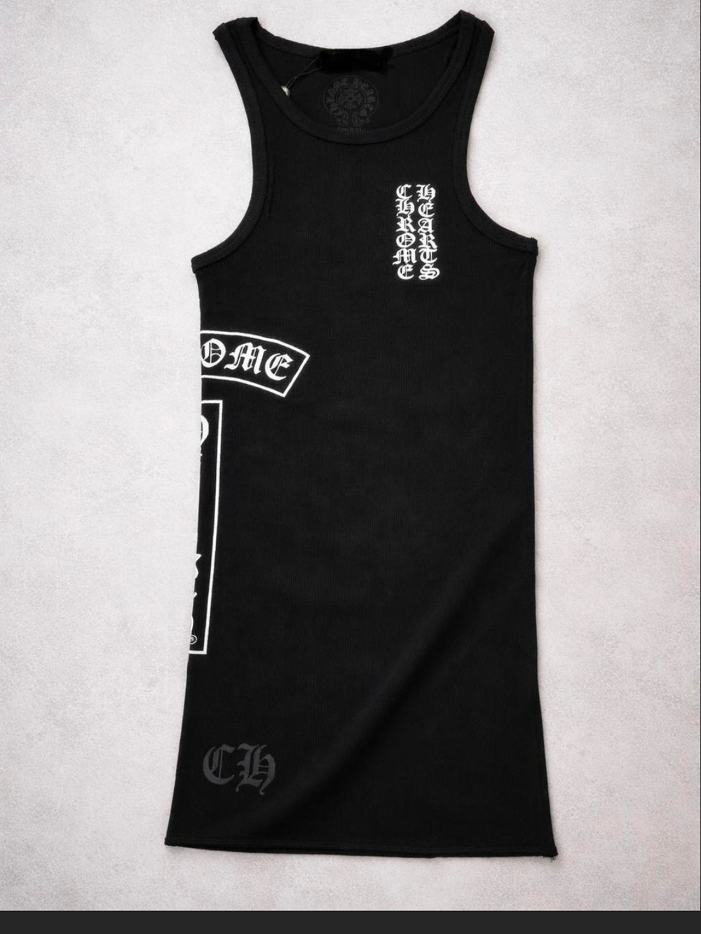 Black Graphic Tank Dress with White Gothic Print. S